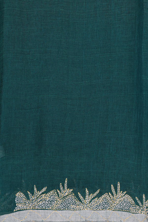Linen Saree In Forest Green With Threadwork Border