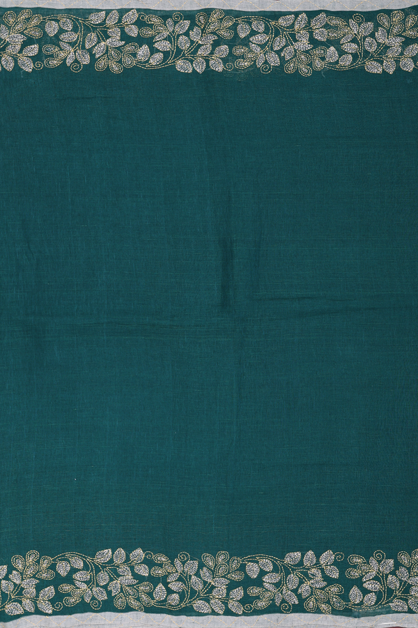 Linen Saree In Forest Green With Threadwork Border