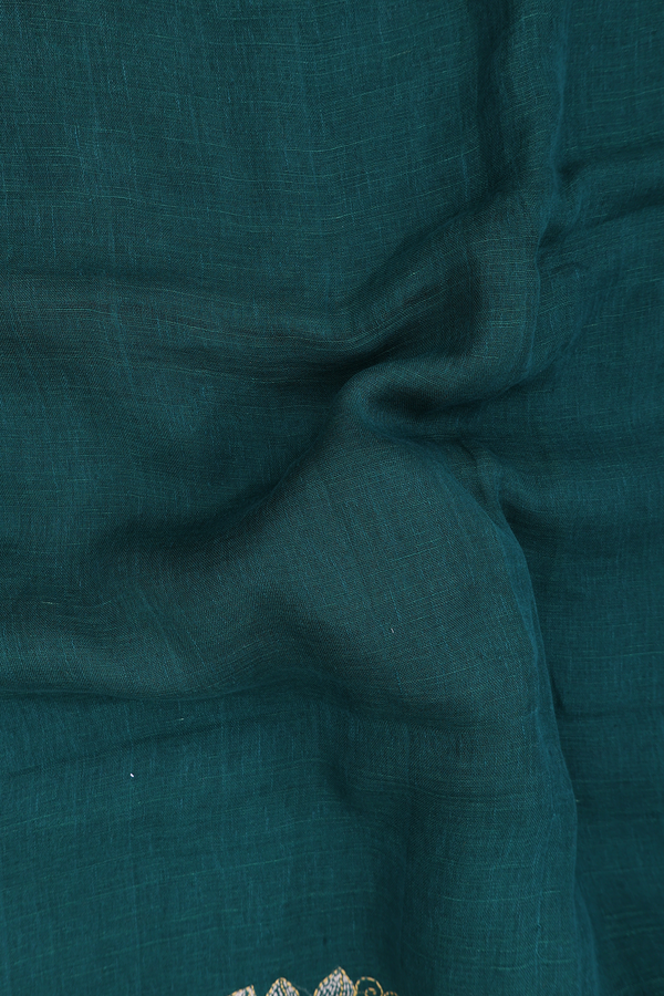 Linen Saree In Forest Green With Threadwork Border