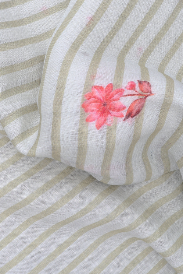 Linen Saree In Green And White With Stripes Design