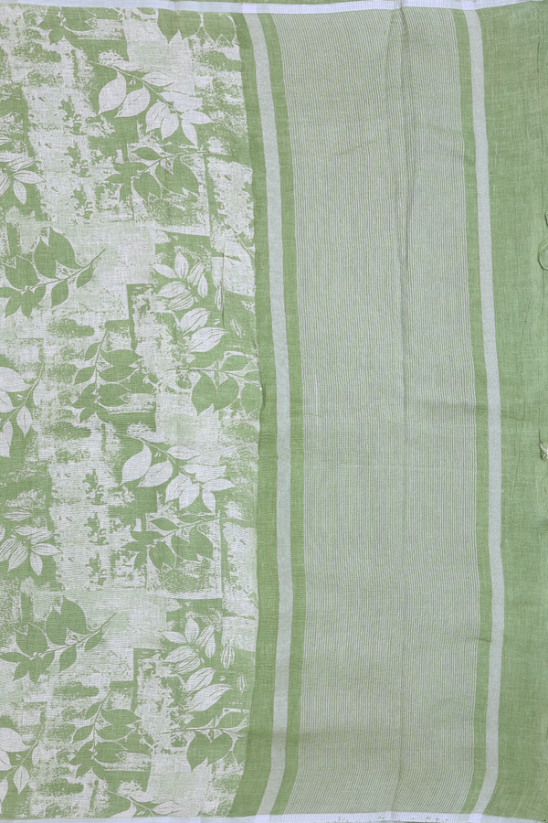 Linen Saree In Green With Leaf Printed Design