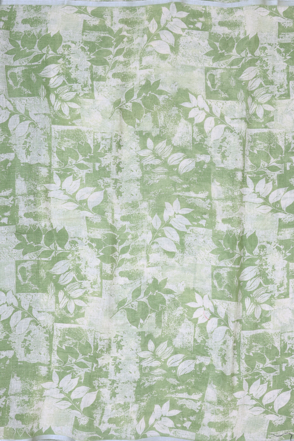Linen Saree In Green With Leaf Printed Design