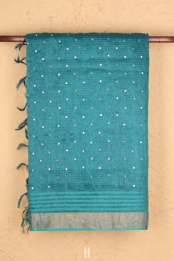 Linen Saree In Green With Mirror Work Buttis