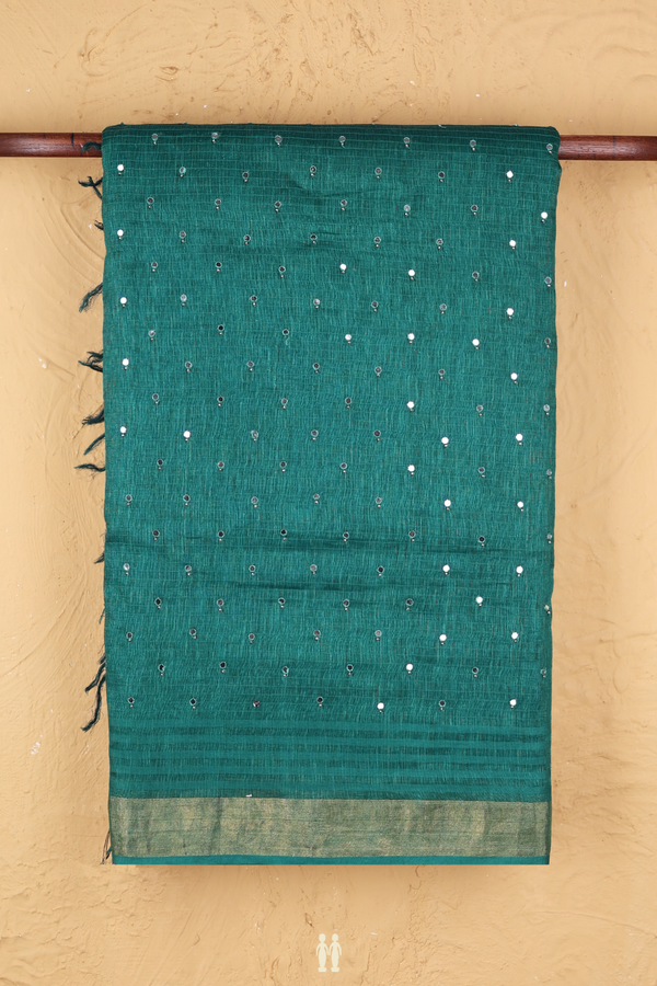 Linen Saree In Green With Mirror Work Buttis