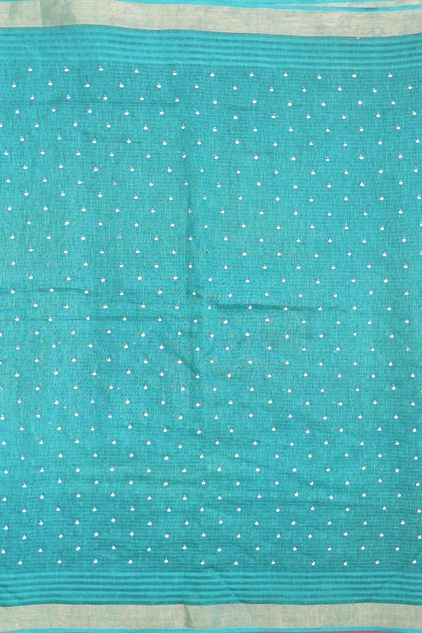 Linen Saree In Green With Mirror Work Buttis