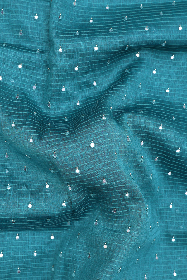 Linen Saree In Green With Mirror Work Buttis