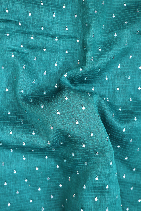 Linen Saree In Green With Mirror Work Buttis