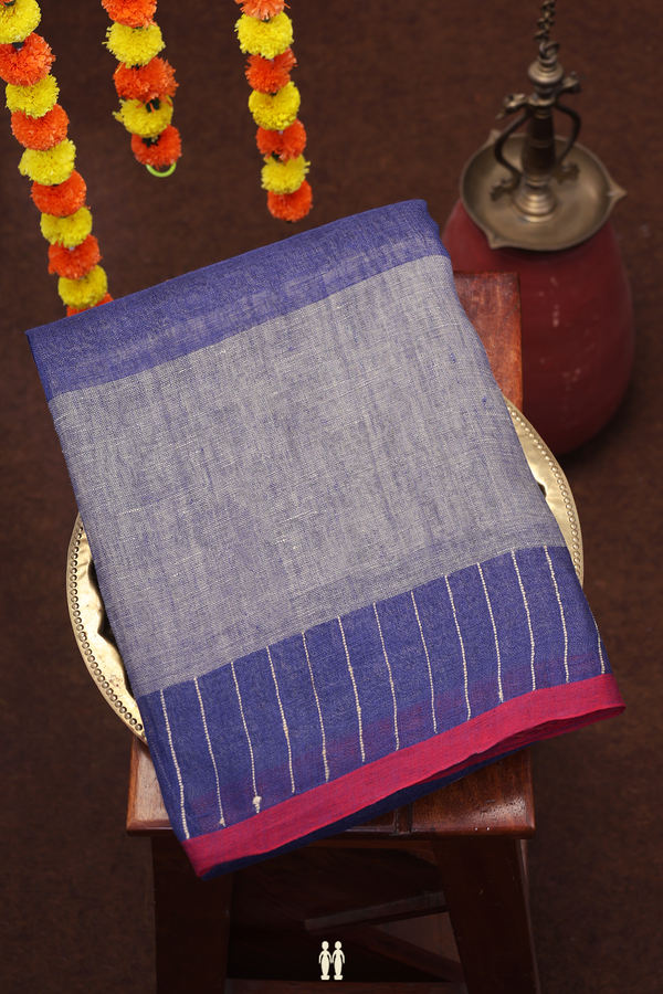 Linen Saree In Grey And Blue With Stripes Design