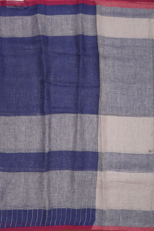 Linen Saree In Grey And Blue With Stripes Design