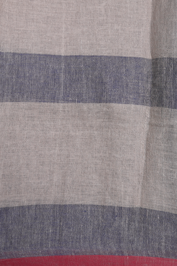 Linen Saree In Grey And Blue With Stripes Design