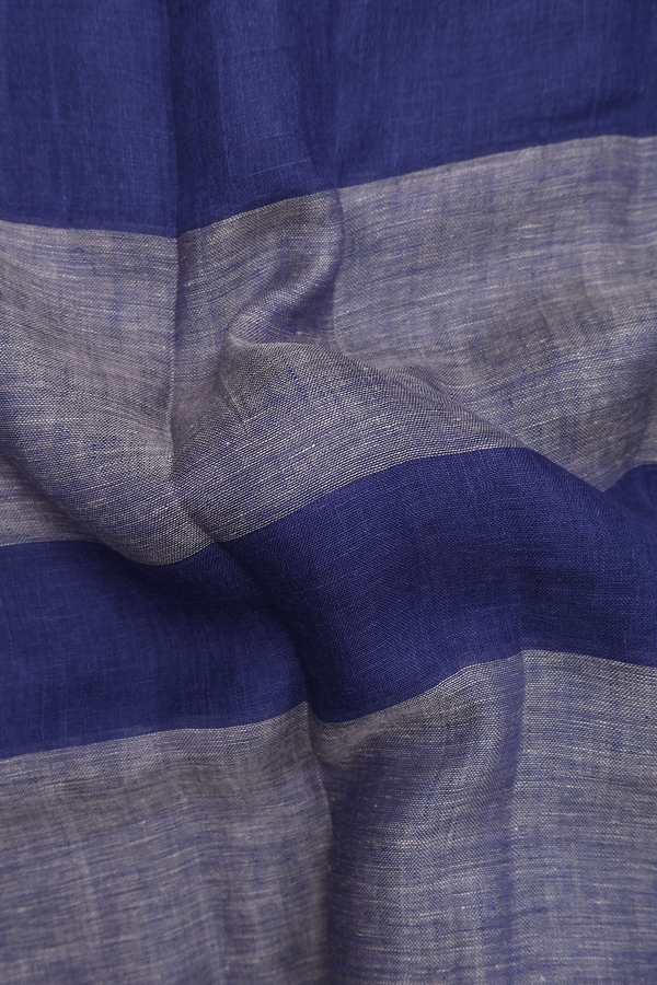Linen Saree In Grey And Blue With Stripes Design
