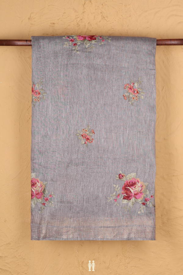 Linen Saree In Grey With Floral Design