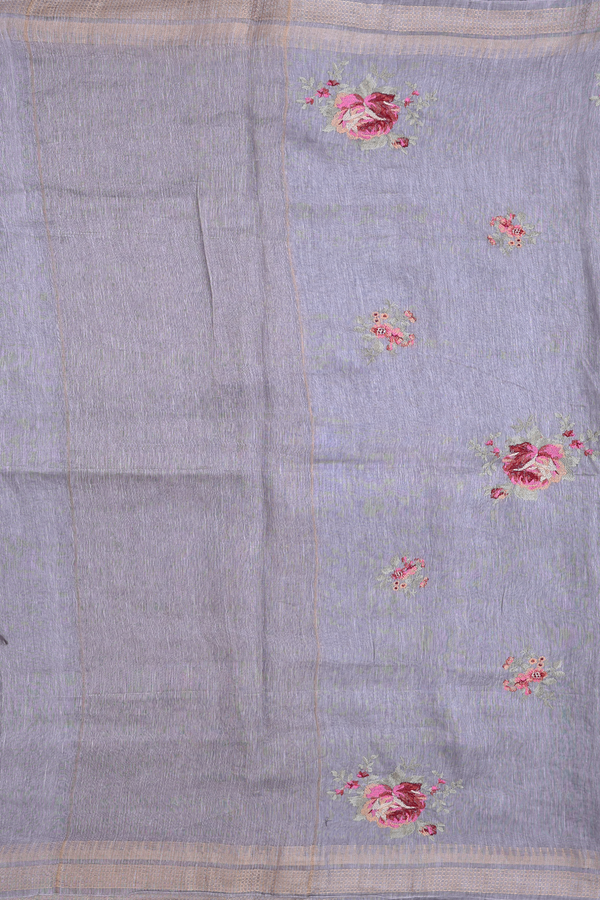 Linen Saree In Grey With Floral Design