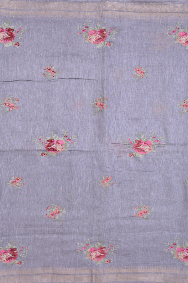 Linen Saree In Grey With Floral Design
