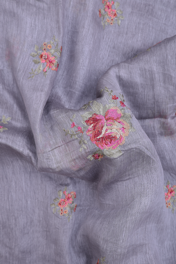 Linen Saree In Grey With Floral Design
