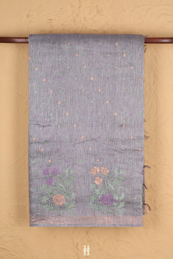 Linen Saree In Grey With Threadwork Buttas