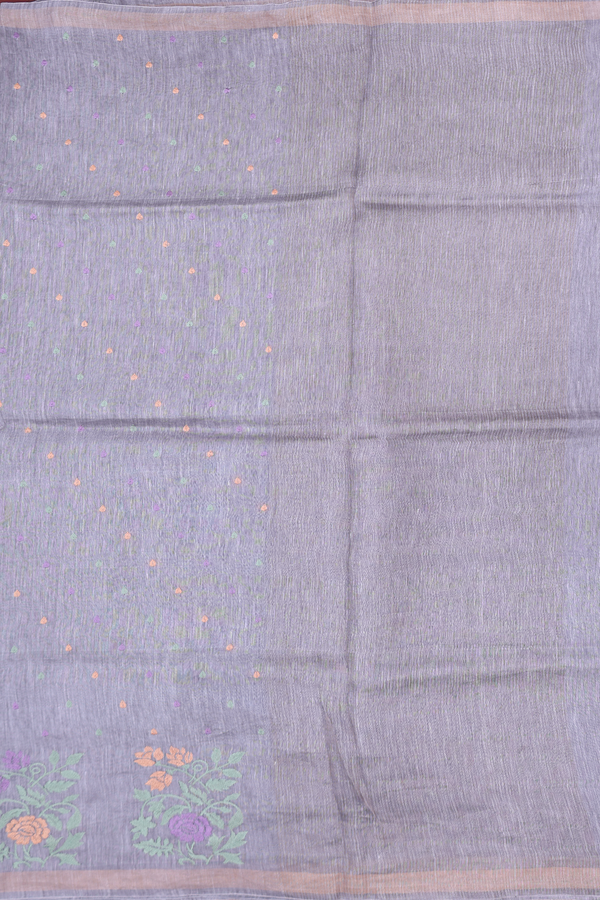 Linen Saree In Grey With Threadwork Buttas