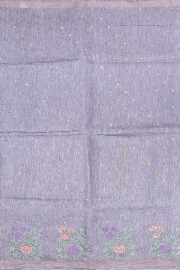 Linen Saree In Grey With Threadwork Buttas