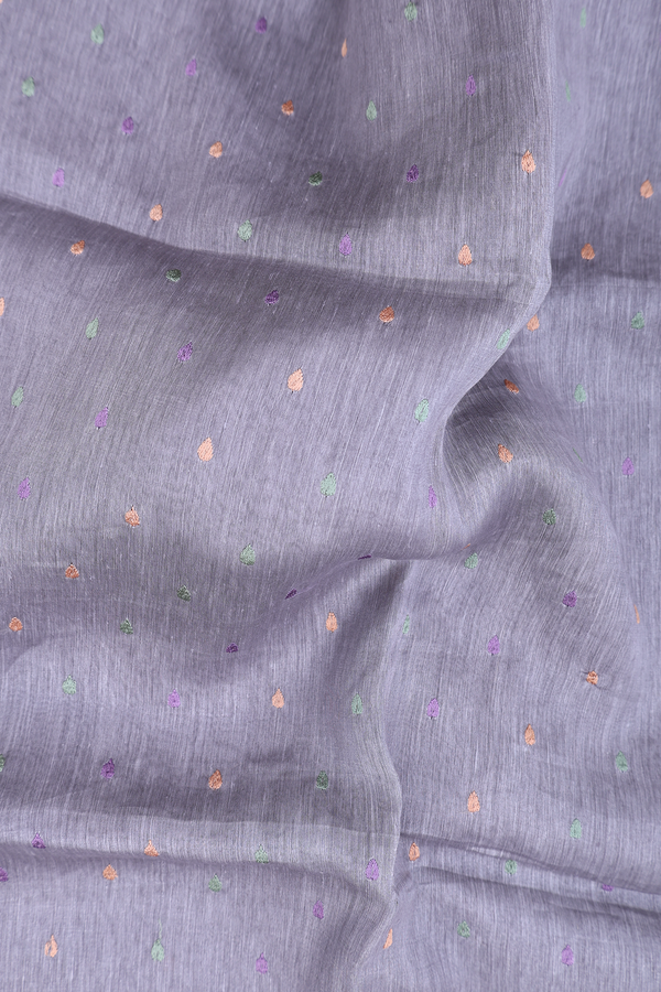 Linen Saree In Grey With Threadwork Buttas