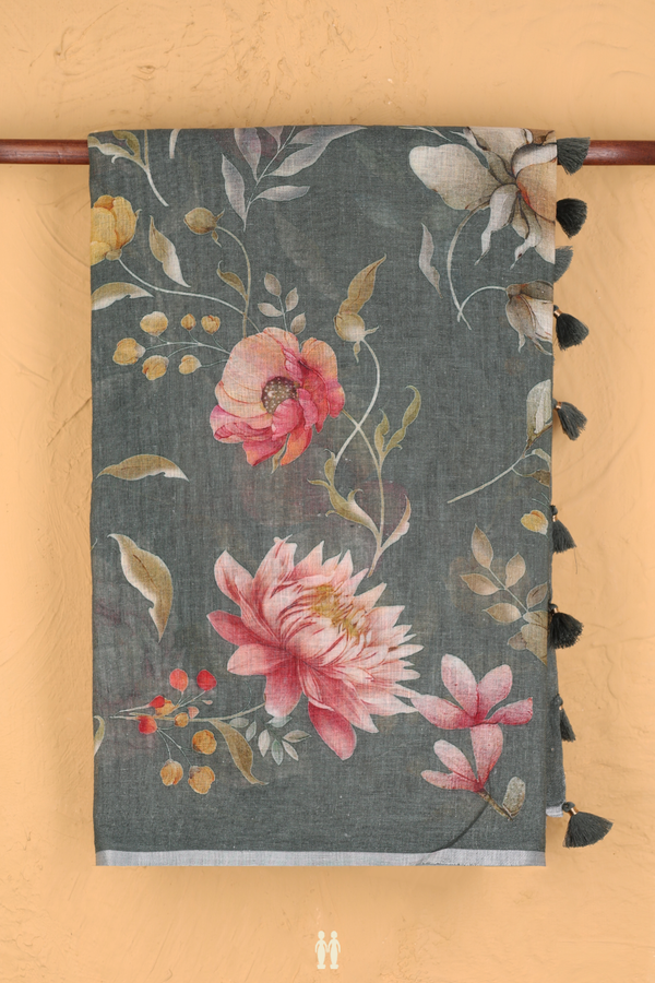 Linen Saree In Greyish Green With Floral Design