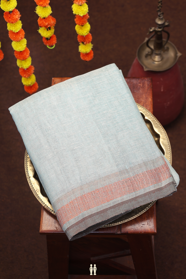 Linen Saree In Greyish Green With Stripes Design