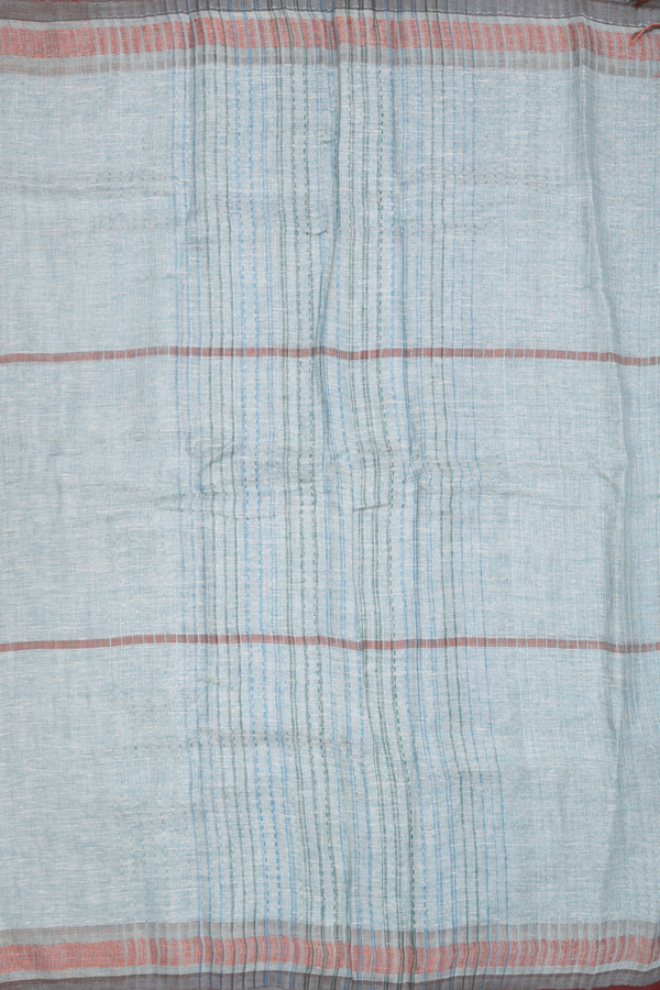 Linen Saree In Greyish Green With Stripes Design