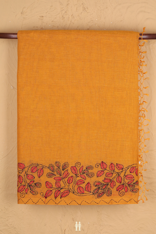 Linen Saree In Honey Orange With Threadwork Border