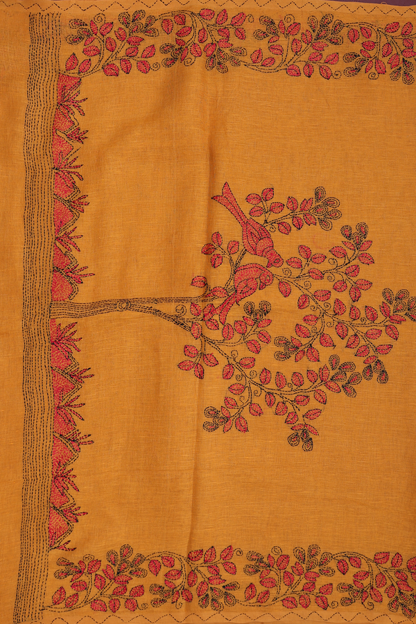 Linen Saree In Honey Orange With Threadwork Border