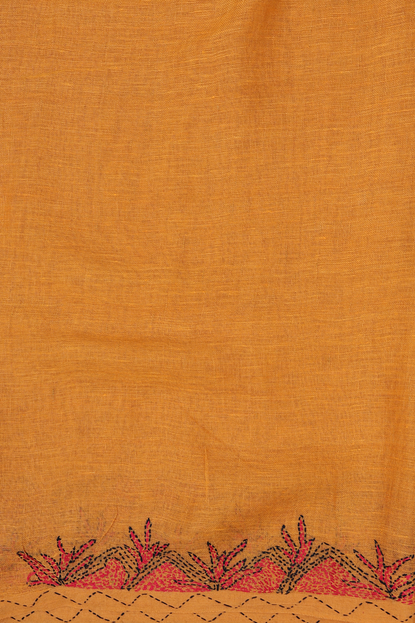 Linen Saree In Honey Orange With Threadwork Border