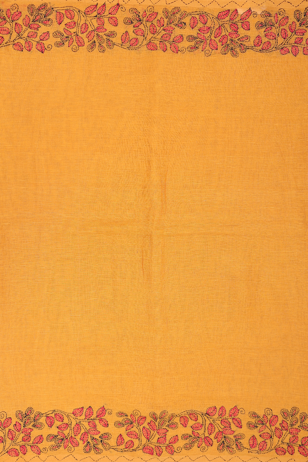 Linen Saree In Honey Orange With Threadwork Border