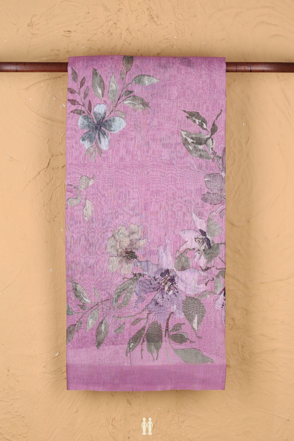 Linen Saree In Lavender With Floral Printed Design
