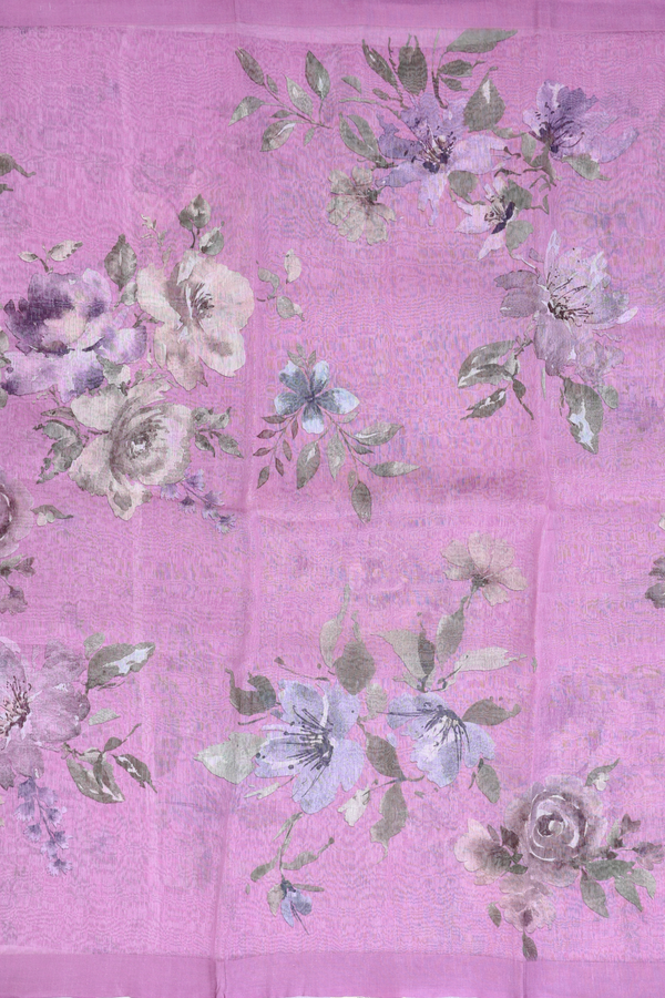Linen Saree In Lavender With Floral Printed Design