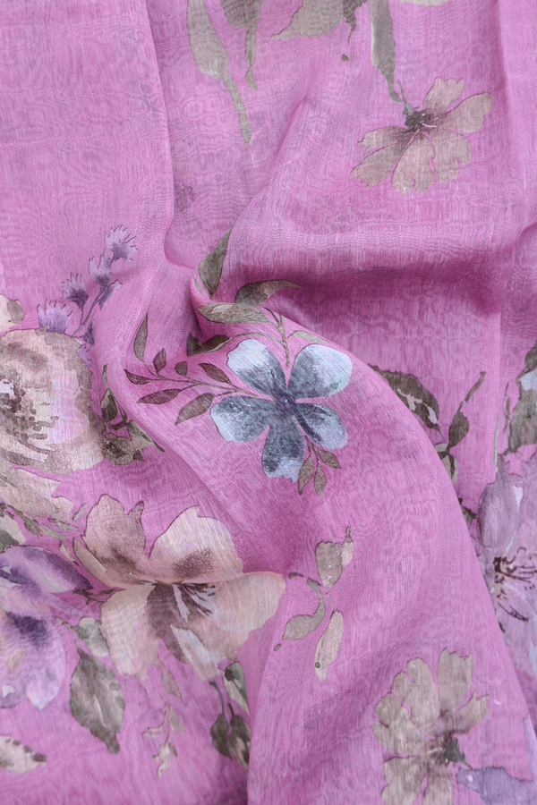 Linen Saree In Lavender With Floral Printed Design
