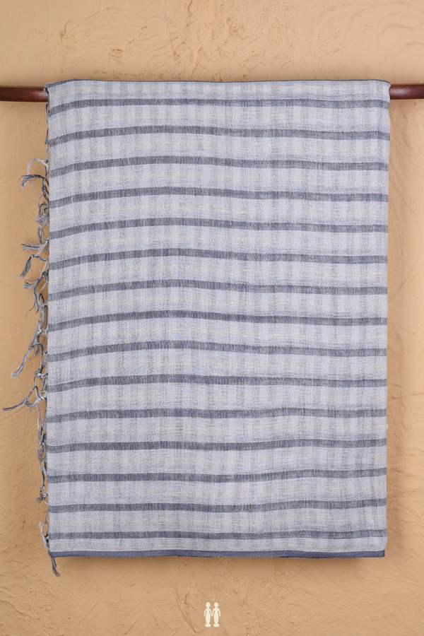 Linen Saree In Light Grey With Stripes Design