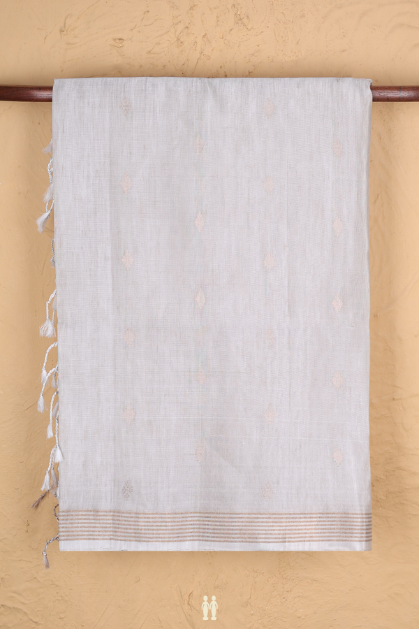 Linen Saree In Light Grey With Zari Buttas