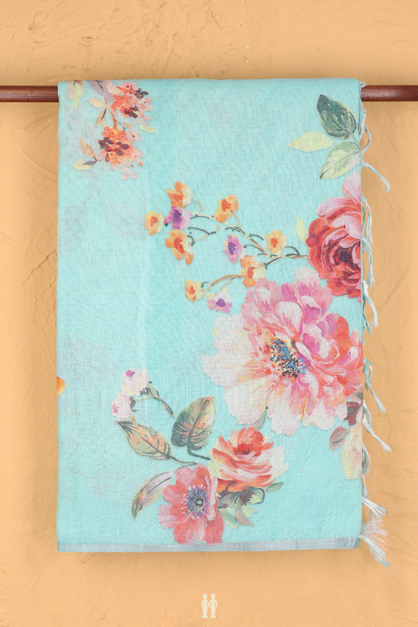 Linen Saree In Mint Green With Floral Design