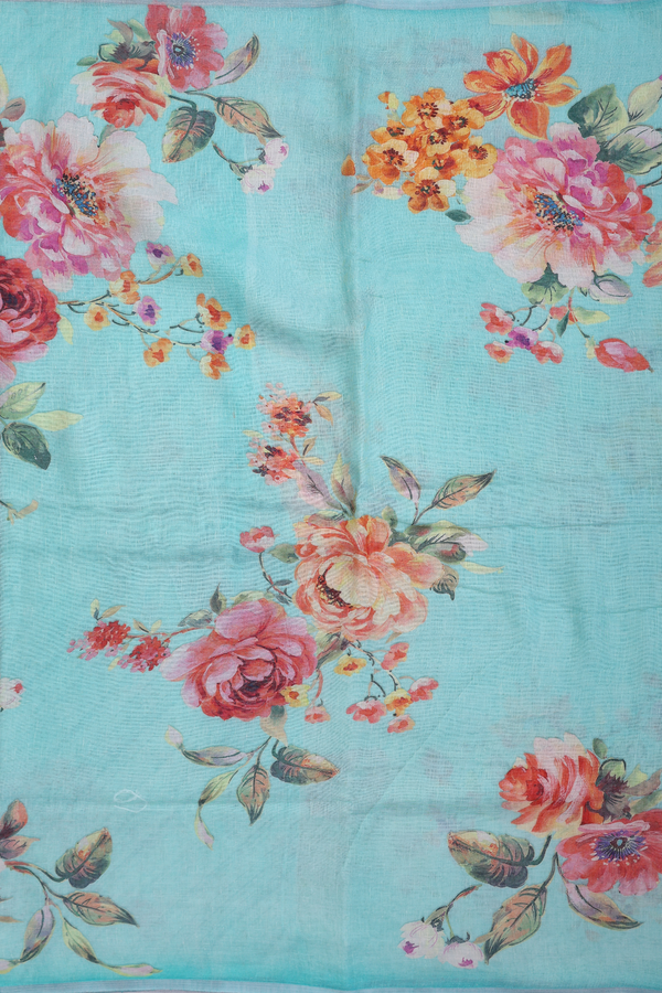 Linen Saree In Mint Green With Floral Design