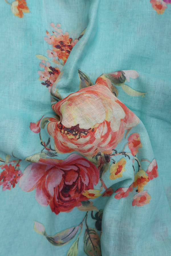 Linen Saree In Mint Green With Floral Design