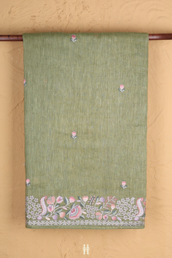 Linen Saree In Moss Green Floral Threadwork Buttas