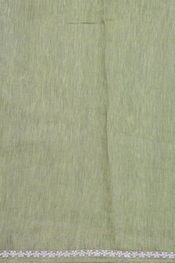 Linen Saree In Moss Green Floral Threadwork Buttas