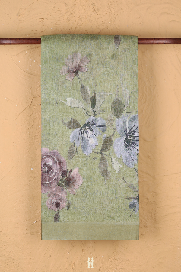 Linen Saree In Moss Green With Floral Printed Design