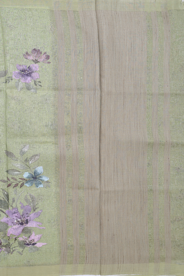 Linen Saree In Moss Green With Floral Printed Design