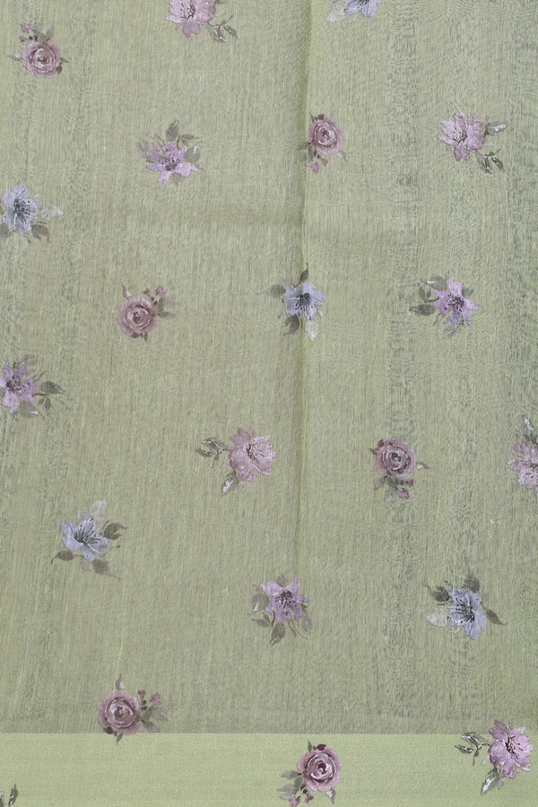 Linen Saree In Moss Green With Floral Printed Design