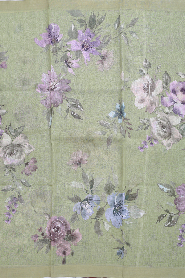 Linen Saree In Moss Green With Floral Printed Design