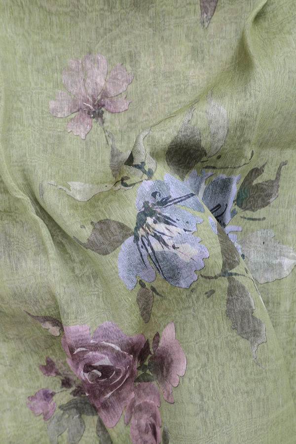 Linen Saree In Moss Green With Floral Printed Design