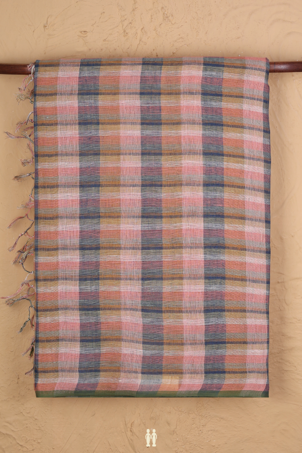 Linen Saree In Multicolor With Checks Design