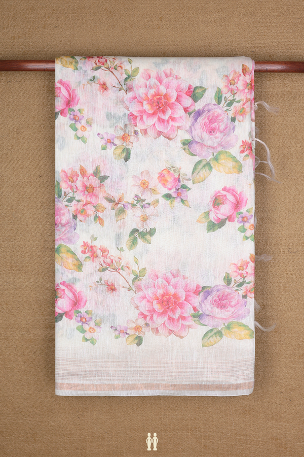 Linen Saree In Off White With Floral Digital Printed Design