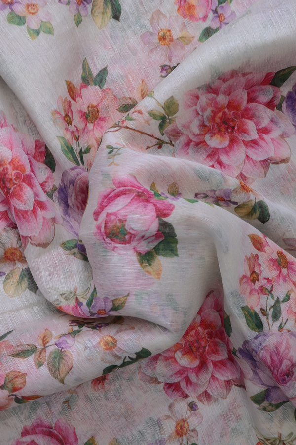 Linen Saree In Off White With Floral Digital Printed Design