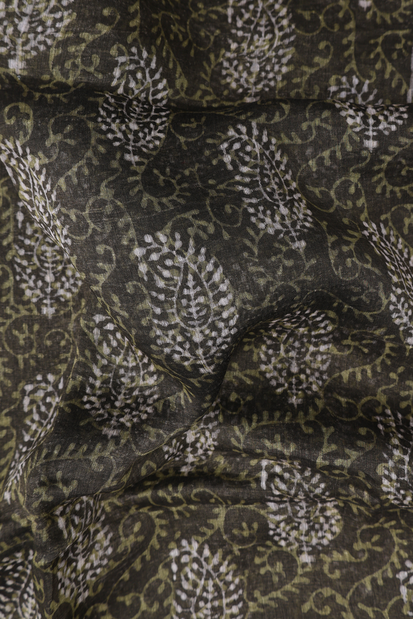 Linen Saree In Olive Green With Paisley Printed Design