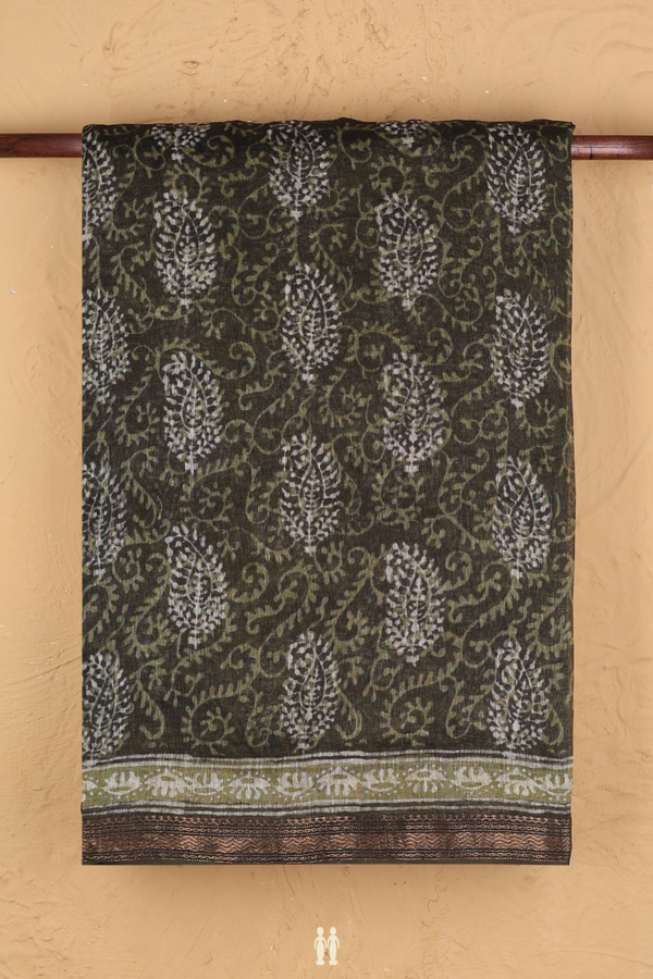 Linen Saree In Olive Green With Printed Design